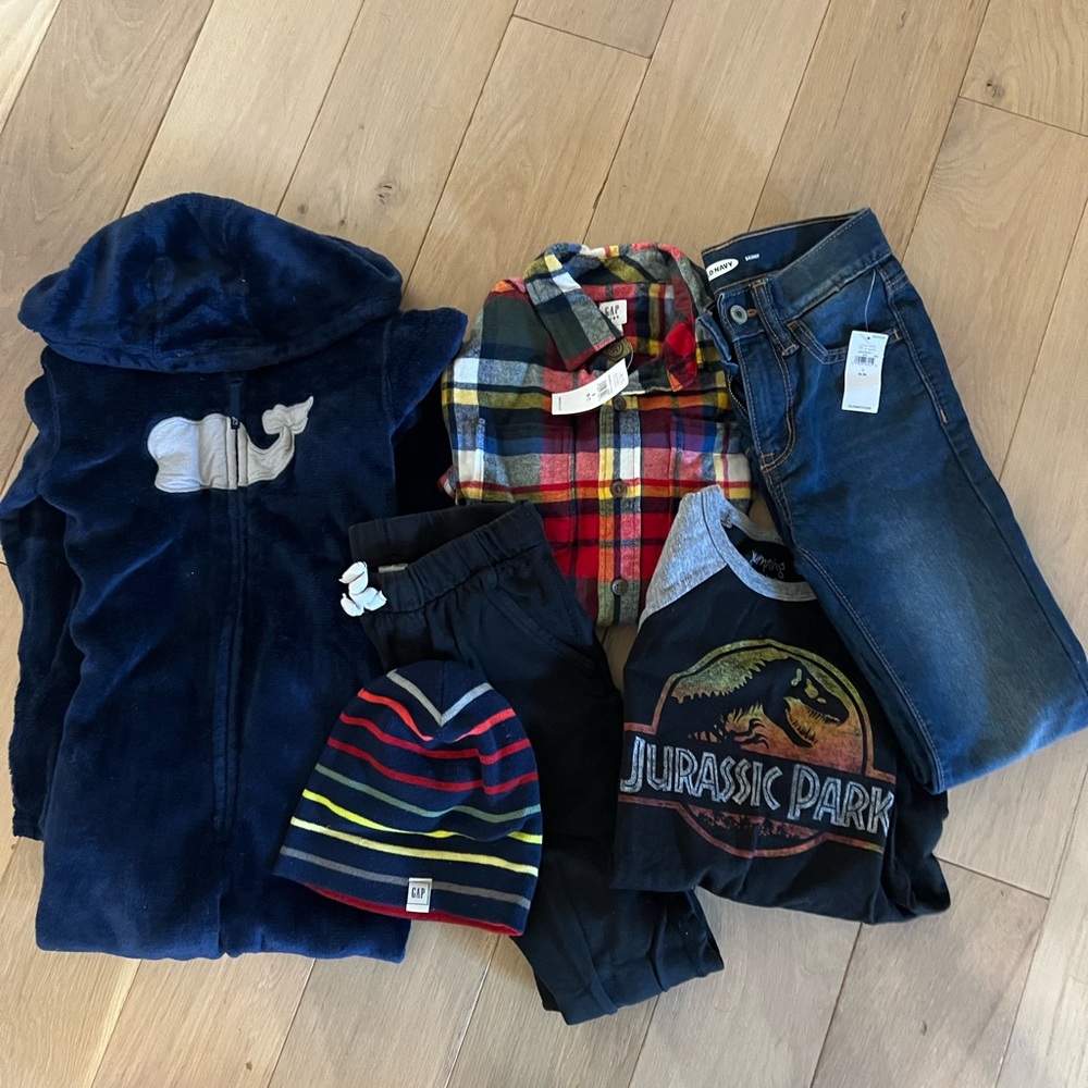 Lot of boys clothes size 6-7- pajamas, jeans, flannel, Jurassic shirt